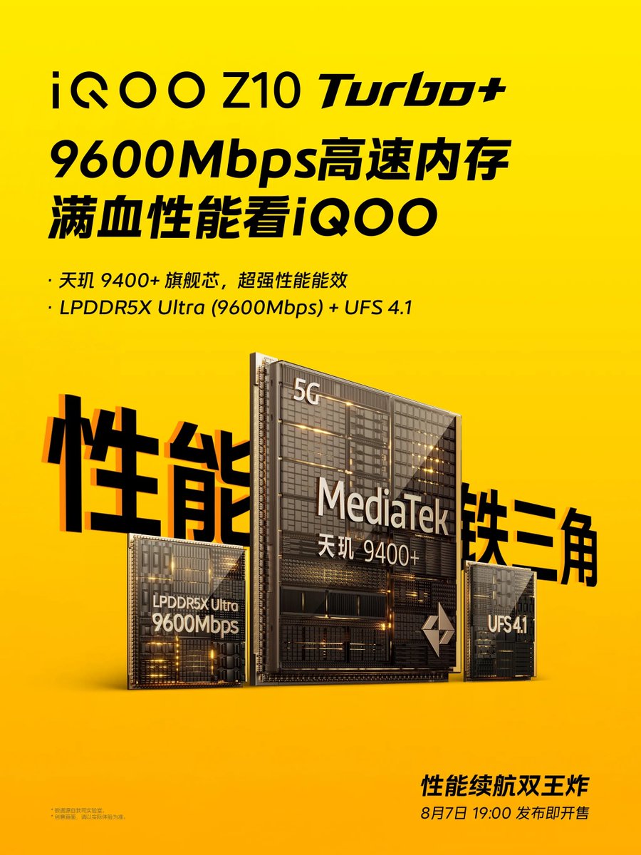stufflistings's tweet photo. iQOO Z10 Turbo+ to come equipped with:
- MediaTek Dimensity 9400+
- 9600mbps LPDDR5X Ultra RAM
- UFS 4.1 storage
- 7K ultra large ice dome VC Cooling https://t.co/1QmaTP2Jqo