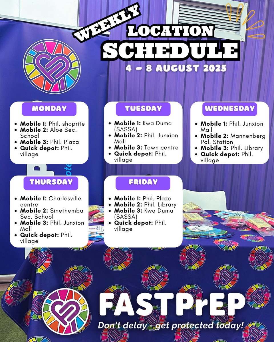 Our mobile clinics, for your health, in your area! 🚑

We are here for you 🫵🏽- here's our weekly location schedule 🗓️.

#fastprep #desmondtutuhealthfoundation #youthclinic #mobiletruck #hivfreegeneration #sexualhealth