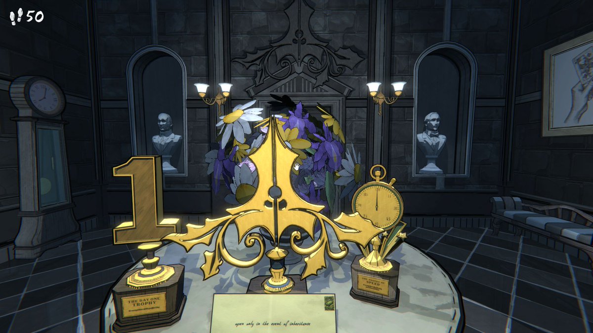 ThatWriterKevin's tweet image. After God knows how many attempts, finally got my Day 1 trophy in Blue Prince! Pulled it off in the rarest way possible, too (There are technically two rarer ways to do it, but I'd argue that  they are genuinely impossible). #blueprince