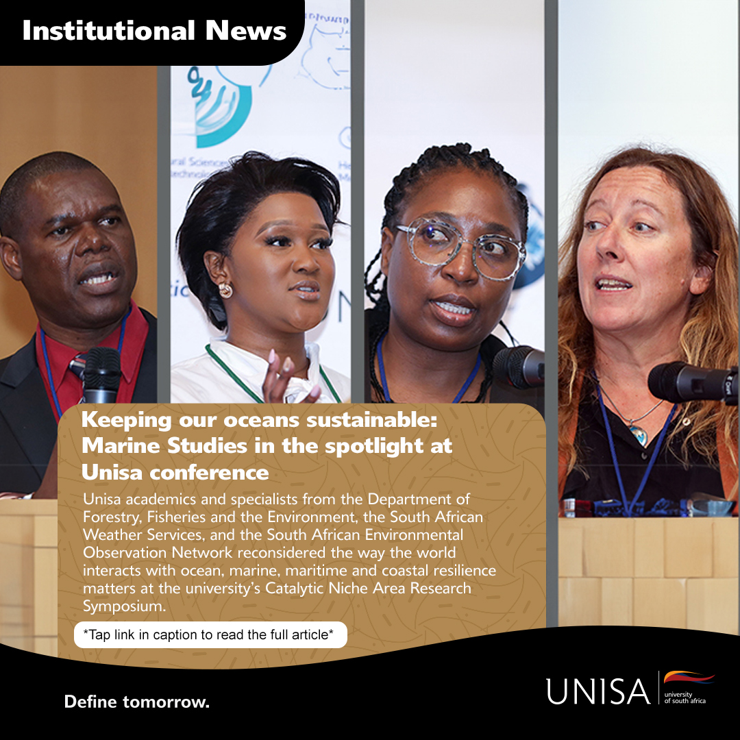 unisa's tweet photo. Unisa academics and specialists from the Department of Forestry, Fisheries and the Environment, the South African Weather Services, and the South African Environmental Observation Network reconsidered the way the world interacts with ocean, marine, maritime and coastal resilience matters at the university’s Catalytic Niche Area Research Symposium. https://t.co/3V52OWjb4e
#Unisa150andBeyond