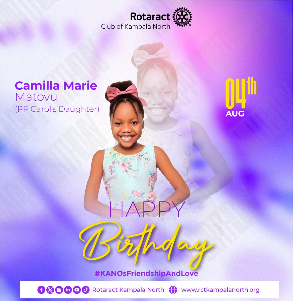 Rotaract Kampala North (@kanosug) on Twitter photo CAMILLA TURNS A YEAR OLDER! 🎉
Join us in celebrating our Past President <a href="/CarolyneBavuga/">Bavuga Carolyne</a>’s daughter!
Wishing Camilla a bright future and a lifetime of happiness!
#KANOsFriendshipAndLove CAMILLA TURNS A YEAR OLDER! 🎉
Join us in celebrating our Past President <a href="/CarolyneBavuga/">Bavuga Carolyne</a>’s daughter!
Wishing Camilla a bright future and a lifetime of happiness!
#KANOsFriendshipAndLove
