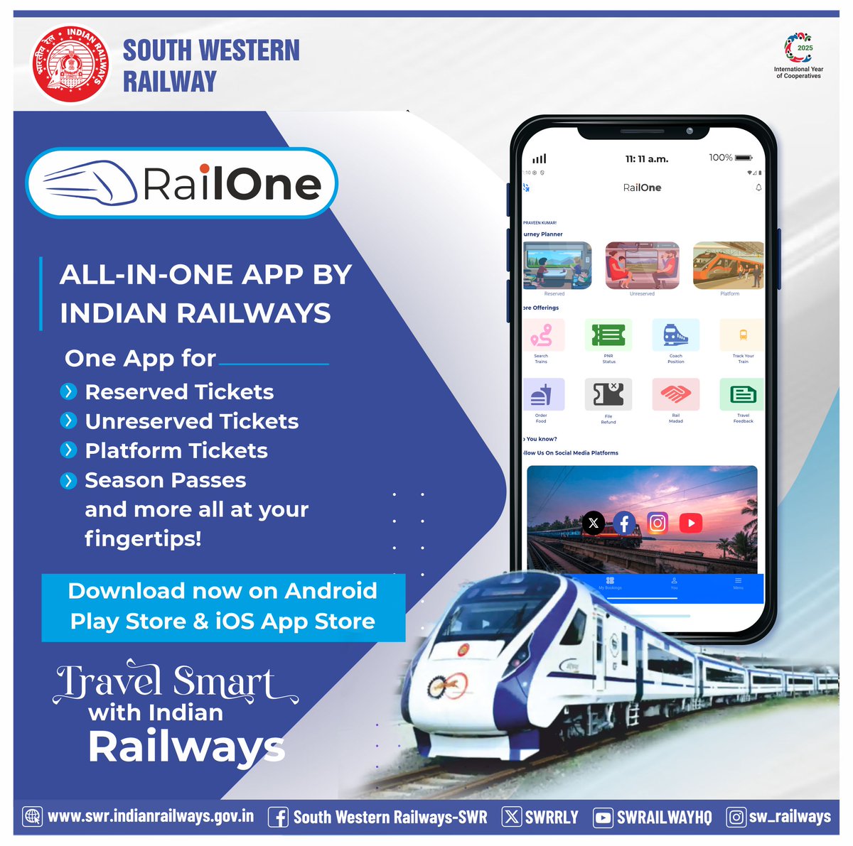 Rail One – All-in-One App by Indian Railways  
🎟️ Book Reserved, Unreserved &amp; Platform Tickets 
🚆 Track Trains, Order Food, Get Refunds &amp; More – all in one place. 
#RailOne #RailOneApp