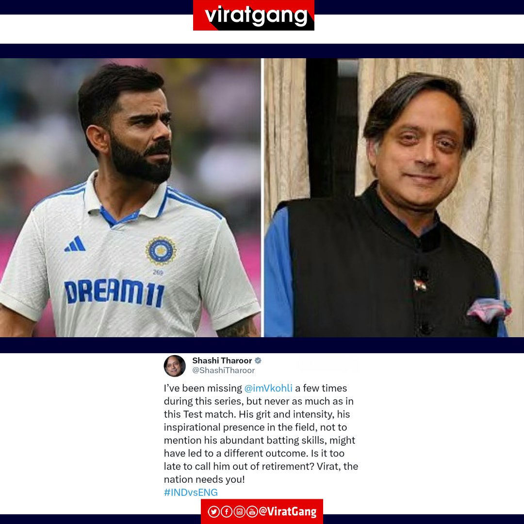 ViratGang (@viratgang) on Twitter photo MP Shashi Tharoor's heartfelt request to Virat Kohli. π
<a href="/imVkohli/">Virat Kohli</a> β’ #INDvsENG β’ #ViratGang MP Shashi Tharoor's heartfelt request to Virat Kohli. π
<a href="/imVkohli/">Virat Kohli</a> β’ #INDvsENG β’ #ViratGang