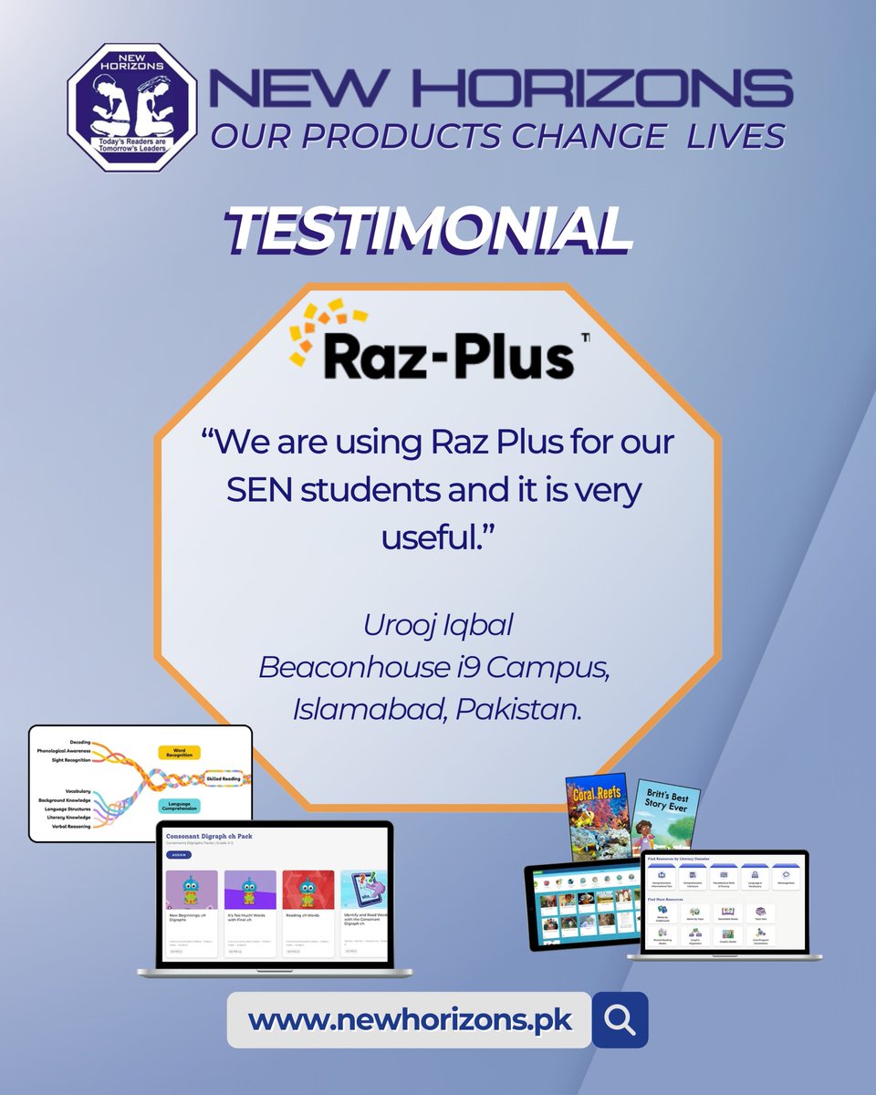 newhorizonsisb's tweet image. Discover how Raz-Plus empowers SEN students with personalized, engaging literacy tools designed for every learner. 

Start your journey today!
🔗 newhorizons.pk
📞  0307-2302221

#razplus #testimonial #k5literacy #newhorizonsislamabad #edtechpakistan #learningatoz