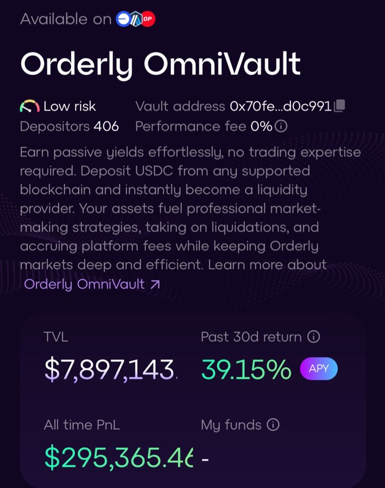 Orderly Vault 实打实的印钞机！

感觉很多人还看不懂 OmniVault 机制 ？ 看懂了，你就知道 Orderly 未来的 Alpha 流动性布局！

你可能听说了，Orderly 的 OmniVault 最近动作频频，已经成了不少人心中的做市养娃神器但它到底怎么玩？凭什么能有那么高的 APY？这里来讲明白👇

核心机制很简单：