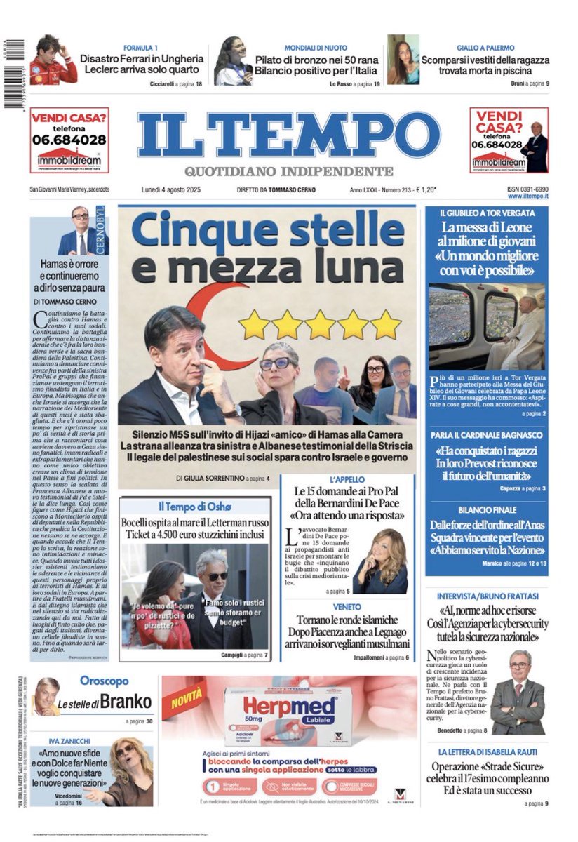 📌 Cinque stelle e mezza luna: silenzio #M5S sull’invito di #Hijazi alla #Camera 📌 #Leone al milione di giovani: "Un mondo migliore con voi è possibile"📌 Le 15 domande ai #ProPal della #BernardiniDePace ⬇ Ecco la nostra prima pagina 🗞#buongiorno #4agosto #iltempoquotidiano