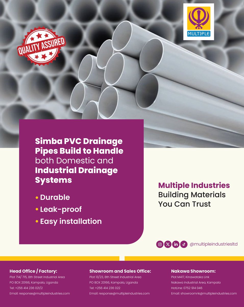 MultipleIndust's tweet photo. Strong, durable, and dependable uPVC drainage pipes you can trust for every project

#SIMBAPipes #WaterSolutions #HDPE #ugandabuilds #multipleindustriesltd #upvcpipesandfittingsmanufacturer https://t.co/CjtlWU25cL