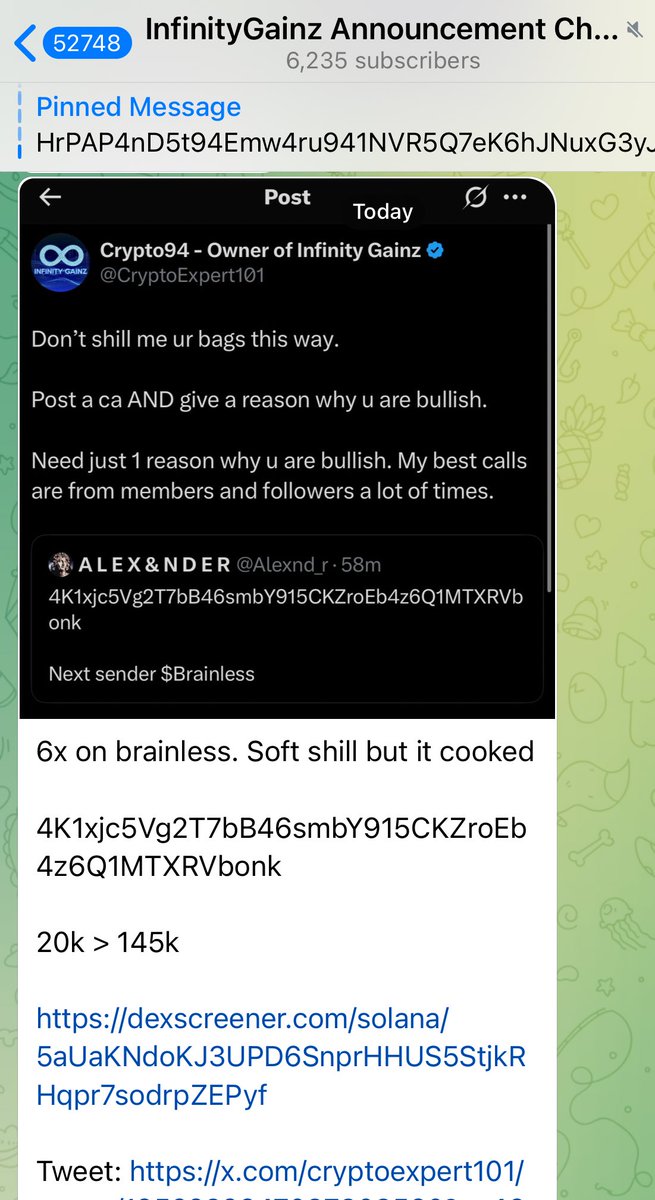 Brainless also cooked hard! 

7x

Put notifications on my X account or join channel: t.me/InfinityGainz

As a general rule i like shilling bottomed out coins or inside info projects (cabal like #bigdog 7-8x was earlier)

My Infinity Gainz Group link where u can share a ca
