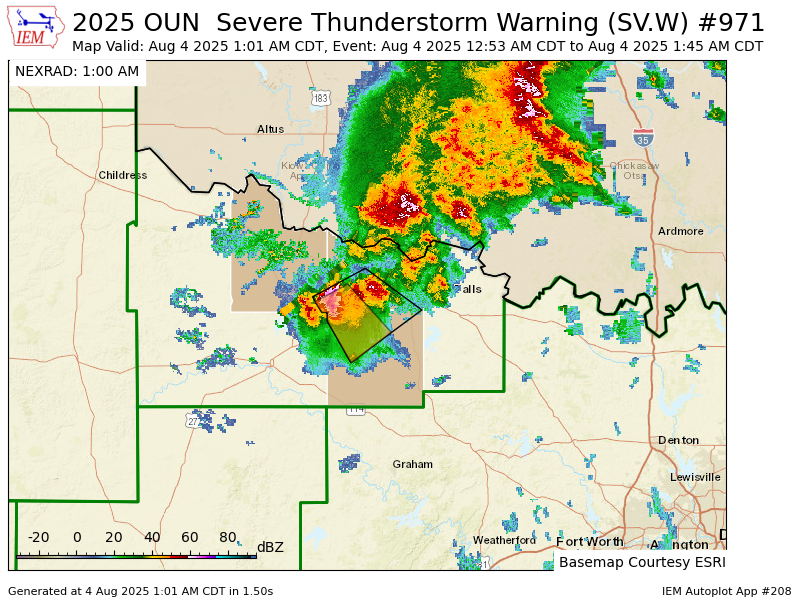OUN continues Severe Thunderstorm Warning [wind: 60 MPH (RADAR INDICATED), hail: 1.50 IN (RADAR INDICATED)] for Archer, Wichita, Wilbarger [TX] till 1:45 AM CDT mesonet.agron.iastate.edu/vtec/f/2025-O-…