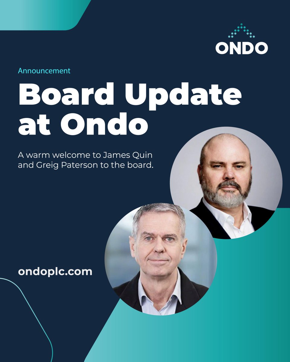 Board Update at #ONDO (LSE:ONDO)

We’re pleased to welcome James Quin and Greig Paterson to the Board.

James brings senior finance leadership from Saga, Zurich &amp; Citigroup.

Greig is a top-ranked insurance analyst with deep capital markets expertise.

Find out more here: