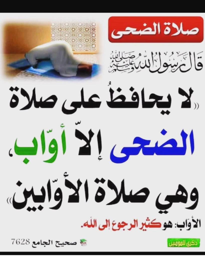 *صلاة الضحى سنة مؤڪدة عن الحبيب ﷺ* 
وقتها /من بعد شروق الشمس ب 20 دقيقة إلى قُبيل الظهر ب20 دقيقة

كيفيتها /مثنى مثنى أي ركعتين ونسلم بعدها

مقدارها /أقلها ركعتين وأفضلها أربع ركعات وأكثرها ثمانية ركعة.

 *#صلاة_الضحى