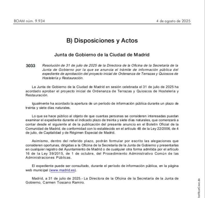 VPmmad's tweet image. Hoy en el BOAM, proyecto de modificación de la Ordenanza de #terrazas y quioscos, plazo para alegaciones 37 días naturales, sin embargo el enlace no muestra aún el borrador...🫤 madrid.es/portales/munim…