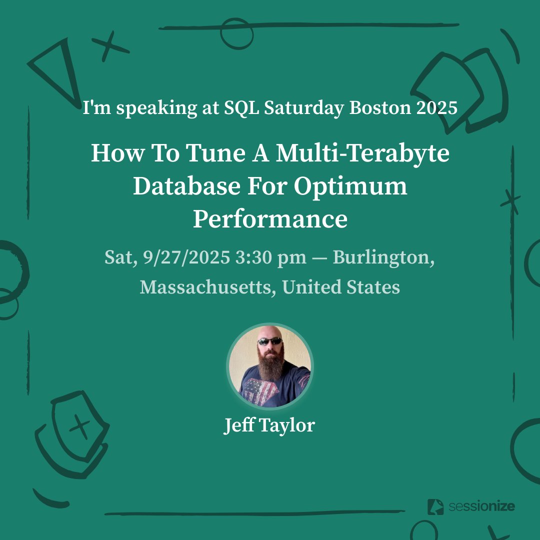 ReviewMyDB's tweet image. I am honored to have been selected to speak at SQL Saturday Boston. Join me for my session on tuning multi-terabyte databases! sqlsaturday.com/2025-09-27-sql…
#SQLSaturday #SQLServer #SQL #Azure #PerformanceTuning #Performance #Terabyte #LargeDatabases #VLDB #SQLSatBoston…