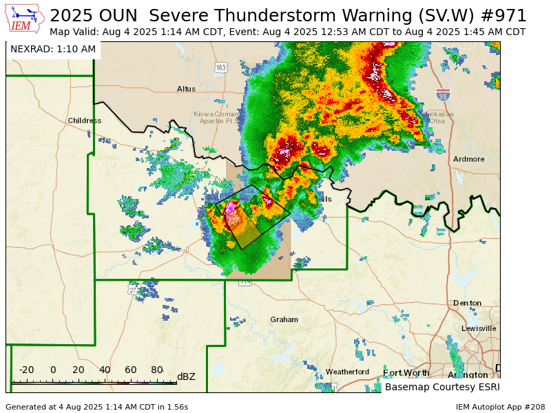 OUN updates Severe Thunderstorm Warning [wind: 60 MPH (RADAR INDICATED), hail: 1.00 IN (RADAR INDICATED)] (cancels Wilbarger [TX], continues Archer, Wichita [TX]) till 1:45 AM CDT mesonet.agron.iastate.edu/vtec/f/2025-O-…