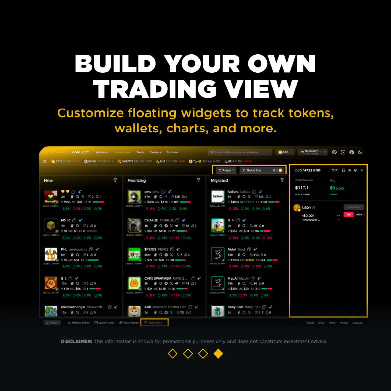 BinanceWallet's tweet photo. A wave of new #Binance Wallet (Web) features is ready for you to explore:

- Be the first to discover new meme coins with real-time launches
- Monitor global social sentiment with one-click translation
- Customize your trading with floating windows made for you

Try it now! 👇