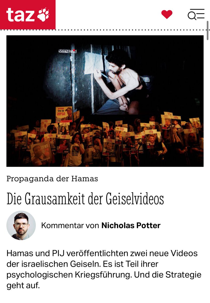 Die Terrororganisationen Hamas und PIJ veröffentlichten zwei neue Videos der israelischen Geiseln Rom ­Braslavski und Evyatar David. Es ist Teil ihrer psychologischen Kriegsführung. Und die Strategie geht auf. Mein Kommentar für die <a href="/tazgezwitscher/">taz</a>:
taz.de/Propaganda-der…