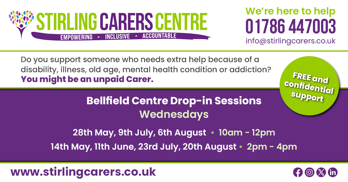 Stirling Carers (@stirlingcarers) on Twitter photo Come along to one of our drop-in sessions at The Bellfield Centre every other Wednesday to find out more about our services and how we can support you. We'll be in the reception area.
6th August • 10am - 12pm
20th August • 2pm - 4pm
<a href="/NHSForthValley/">NHS Forth Valley</a> Come along to one of our drop-in sessions at The Bellfield Centre every other Wednesday to find out more about our services and how we can support you. We'll be in the reception area.
6th August • 10am - 12pm
20th August • 2pm - 4pm
<a href="/NHSForthValley/">NHS Forth Valley</a>
