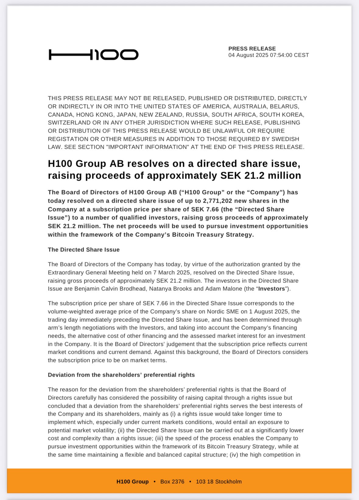  H100 Group Secures SEK 21.2M to Accelerate Bitcoin Treasury Strategy. 