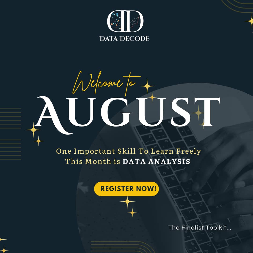 DataDecode1's tweet image. Not too early to wish you a Happy New Month Data Decoders 🤩🤩

Skill up this month 🤭 

Have you registered for our 2 weeks free Data Analysis Training? 

Register Today‼️