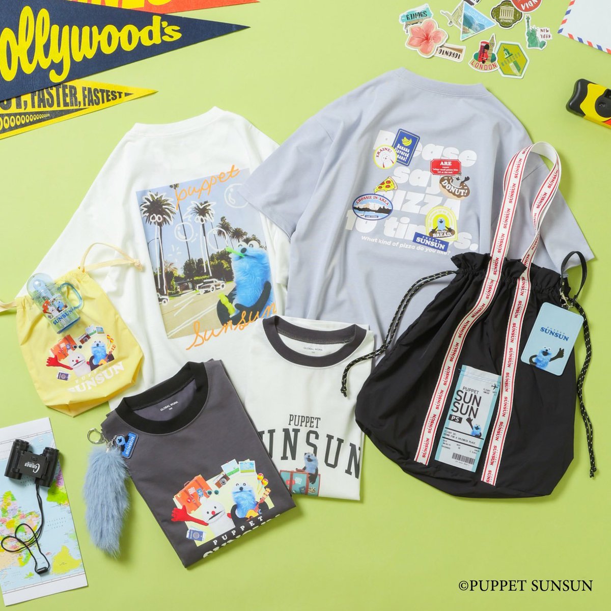 グローバルワーク コラボ パペットスンスン Tシャツ&バッグ セット160cm GLOBAL WORK KIDS】パペットスンスン初コラボ！“旅”がテーマの