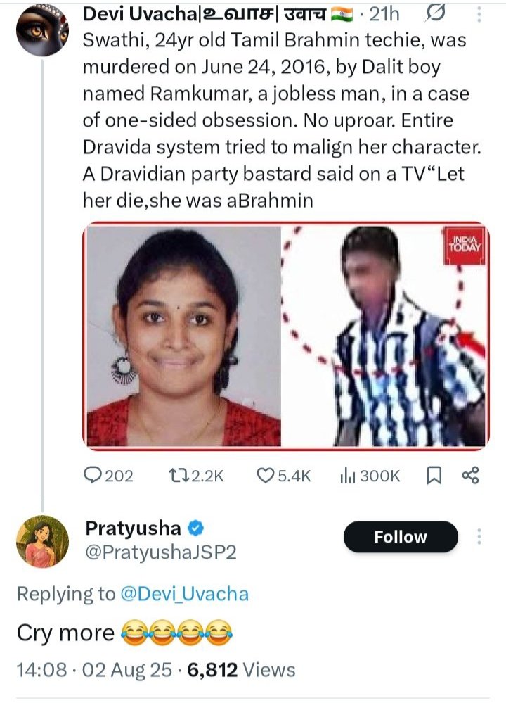 A Brahmin woman was murdered by a Dalit man. A verified Ambedkarite handle replies - “Cry more 😂”.

Imagine if a Dalit girl was killed and a Savarna laughed like this would it be dismissed as a “joke”?

They justify caste-based reservations and laws like the SC/ST Act citing