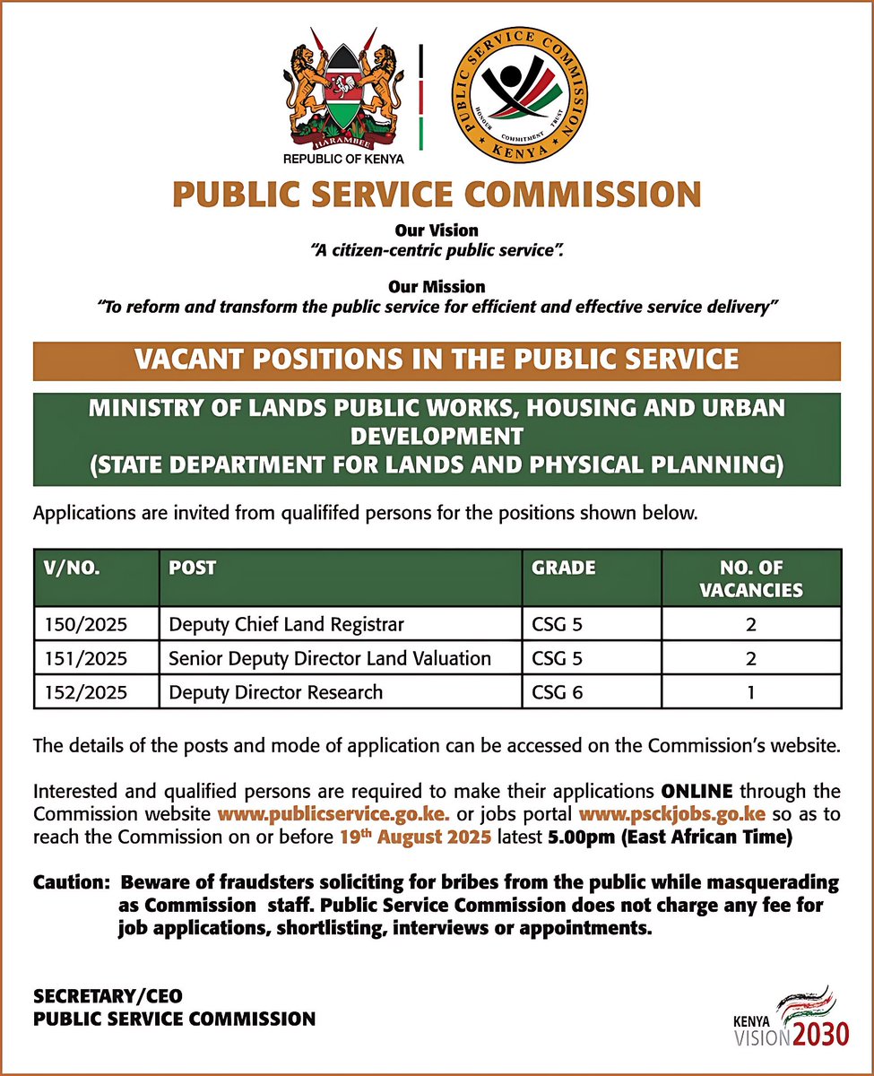 Public Service Commission (PSC) (@psckenya) on Twitter photo JOBS ALERT !!!!
Vacant Positions in the Public Service
Application deadline: 19th August, 2025. JOBS ALERT !!!!
Vacant Positions in the Public Service
Application deadline: 19th August, 2025.