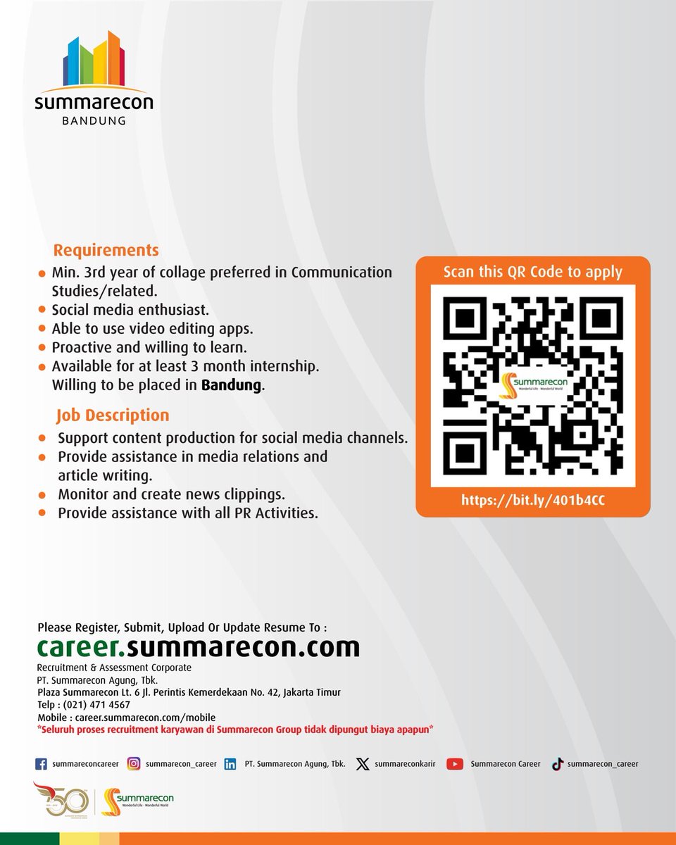 PT. Summarecon Agung, Tbk., one of the leading property players in Indonesia, has brought home and business to thousands of people and happiness to millions more. As a company moving forward to reach a brighter future, we keep searching for a future leader to grow with us.

Full