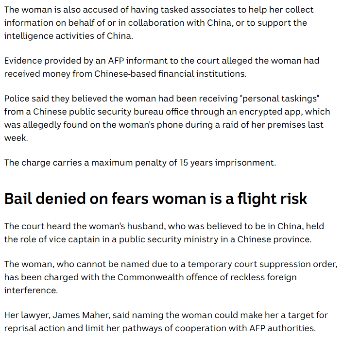 Stephen Dziedzic (@stephendziedzic) on Twitter photo More details from my colleague <a href="/jadeetoomey/">Jade Toomey</a> in court
- the Chinese woman who was charged allegedly received instructions from Chinese security agencies via an encrypted app
- her husband is a vice captain in a public security ministry in a Chinese province
- bail denied in court More details from my colleague <a href="/jadeetoomey/">Jade Toomey</a> in court
- the Chinese woman who was charged allegedly received instructions from Chinese security agencies via an encrypted app
- her husband is a vice captain in a public security ministry in a Chinese province
- bail denied in court