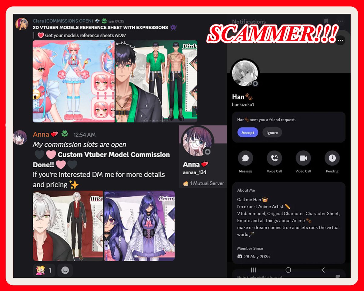🚨SCAMMER ALERT 🚨

Hiii Guysss!!!
Since yesterday, I’ve received multiple reports of accounts impersonating me, some even using my portfolio to promote fake commission services. While this has been happening since last month, it’s escalated recently, with these scammers now