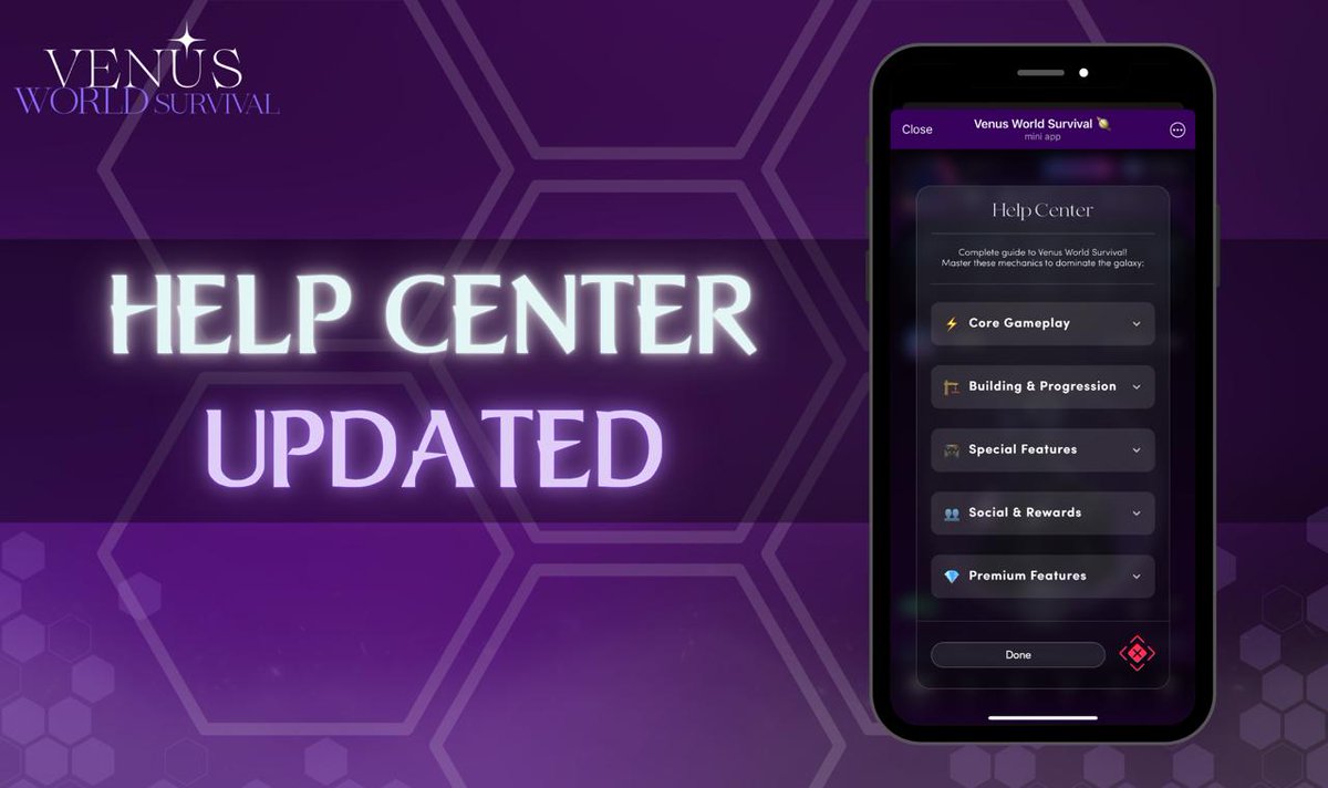 Help Center Updated 🪐 ❓ ⏰

New to Venus World Survival?

Not to worry - we’ve expanded our Help Center to make your experience in Venus as smooth as it can be 🪙

Tap on the questionmark ❔ in the main menu and select a category you want to explore!

If you have any other