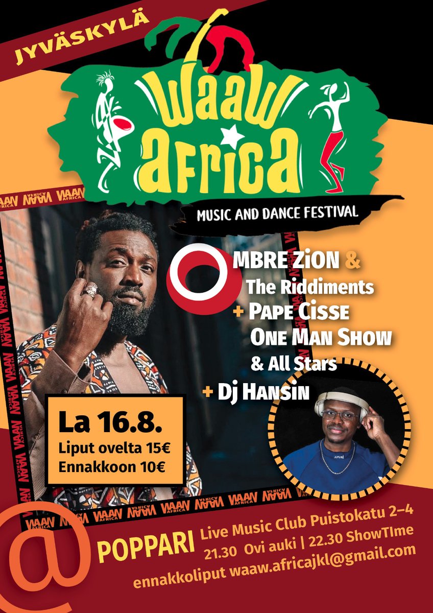 Jyväskylä, get ready! 🔥🇫🇮 
Ombre Zion &amp; The Riddiments will be performing LIVE at WAAW AFRICA FEST on 16.08.25.  
📍 Venue: Poppari 
Tickets/ Door 15€ (cash or MobilePay)   
Advance 10€  Tickets advance booking: waaw.africajkl@gmail.com  

#jyväskylä #finland