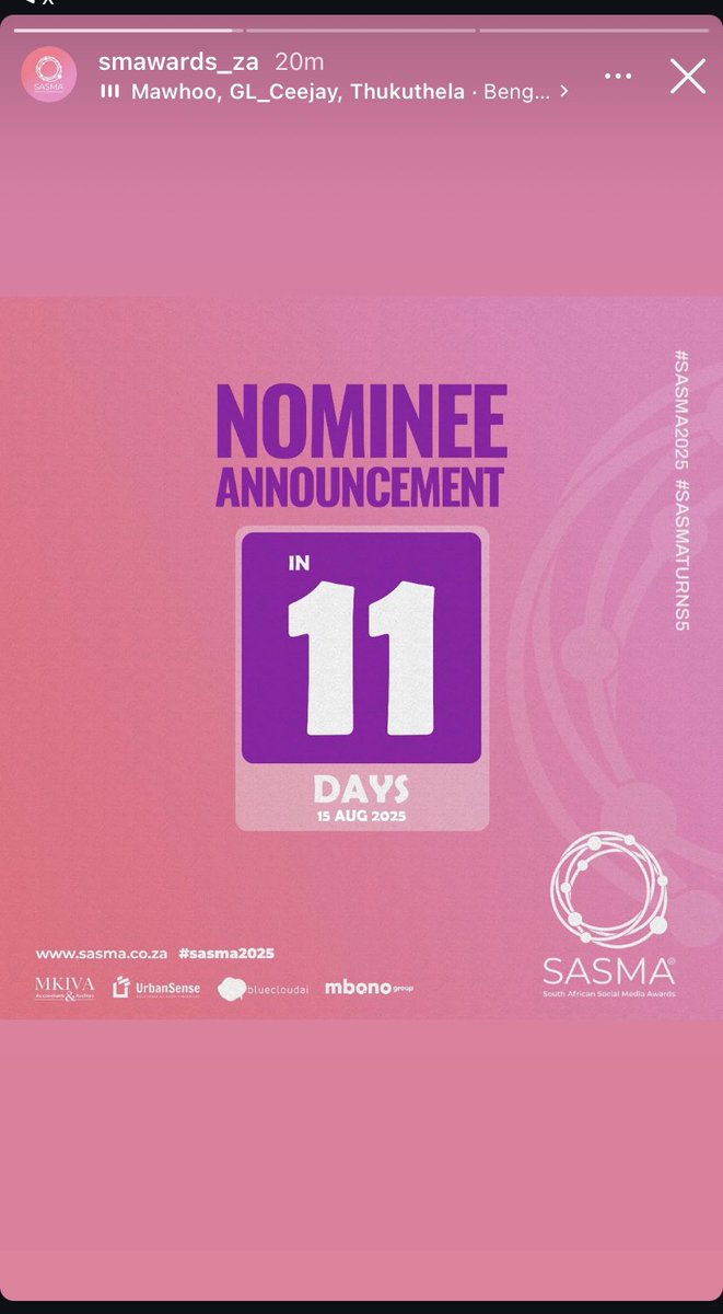 Nominee anouncement ‼️‼️

They posted on IG. Its on the 15th 

SWEET GULUVA TAKES OVER
NEW WEEK WITH SWEET GULUVA
#ForeverAndEverWithSweetGuluva
#AdmiredAkhonamathembaZwane