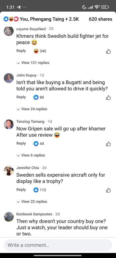 rubyjane_kjn's tweet photo. I hope Sweden takes notes. I hope the world takes notes.
I hope the world see Thailand as exactly who they are and not who they pretend to be. 

For the first time in history, Thailand used Gripen fighter jets to bomb Cambodian soil.

Thai netizens are celebrating it and there are so many more which I will drop in the thread below. Mind you that this is only from a single article, an a combination from various posts or media outlets. Just a single post. 

We are told to be “grateful” for the attack. Mocked as “Cambodian dogs.” Told to “thank Thailand” for letting us taste what it’s like. The cruelty in the comments is staggering.

This isn’t just a few trolls. It’s everywhere, across major pages, under news reports, in replies. 

Yes. Soldiers have died.

But to them? It’s entertainment.

This isn’t “just the internet.” It’s a chilling reflection of how suffering is mocked when it’s not your own.

You may not know war. But we do. And it’s not a joke.

RESPECT CEASEFIRE AGREEMENT 
#CambodiaNeedPeace