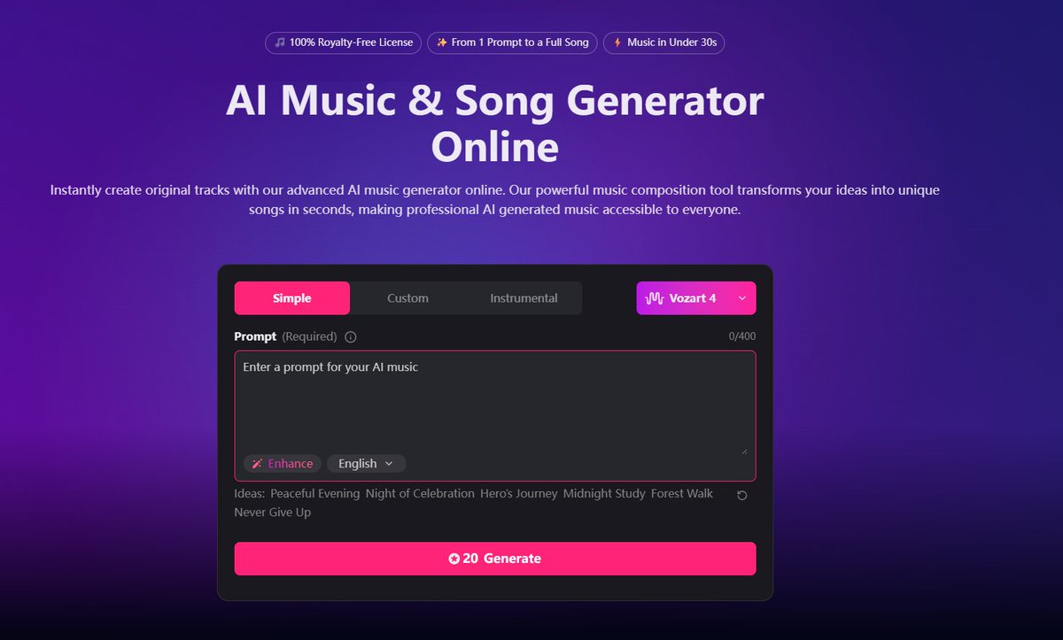 Prompt-based music in 10 seconds.
Type a vibe → Get a track.
🎵 Want “dark trap with spacey vibes”?
🎶 Try “lofi beats for night drives”?

🎁 Sign up = free credits 👉 vozart.ai/text-to-music
No DAW, no gear — just your ideas.
#AIMusic #MusicMakers #VozartAI #texttomusic