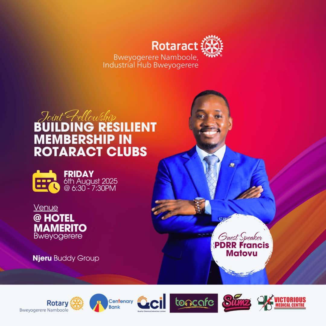 Greetings partners in service

Join us for a “Building Resilient Membership in Rotaract Clubs" with the insightful PDRR Francis Matovu.*

 Let's learn how to develop essential skills, strategies, &amp; support systems to help members navigate challenges, stay motivated, and thrive.