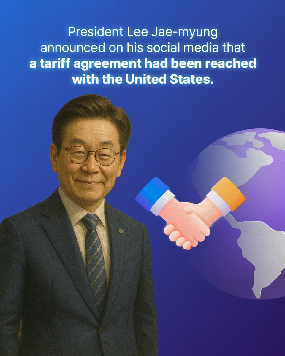NLJMCOIN's tweet photo. President Lee Jae-myung announced on his social media that a tariff agreement had been reached with the United States.
이재명 대통령이 자신의 SNS를 통해 미국과의 관세협상을 타결했다고 밝혔다.

#memecoin 
#meme 
#이재명 
#이재명대통령 
#밈 
#밈코인 https://t.co/qsttyuYlmP