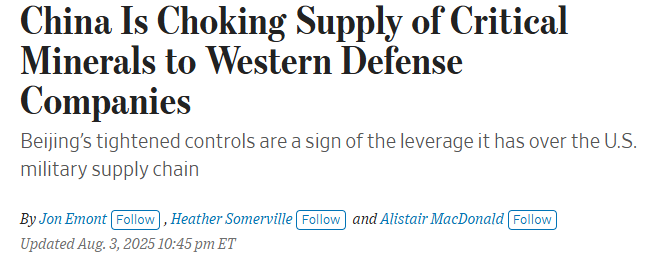 $USAR $UUUU $NB $MP | China’s tightened grip on critical minerals is starting to bite. Western defense contractors are seeing delays, soaring costs, and thinning inventories as Beijing chokes supply of rare earths, germanium, and other key materials—some now selling at 5x to 60x