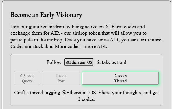 PravinS99080307's tweet photo. How to Participate in the Ethereum OS Airdrop
Visit the Ethereum OS website : https://t.co/9rBZxC8I1N
Follow @Ethereum_OS 
 Code System as Below : 
The airdrop uses a code-based reward system with different activities earning different amounts: https://t.co/NxLou2N51m