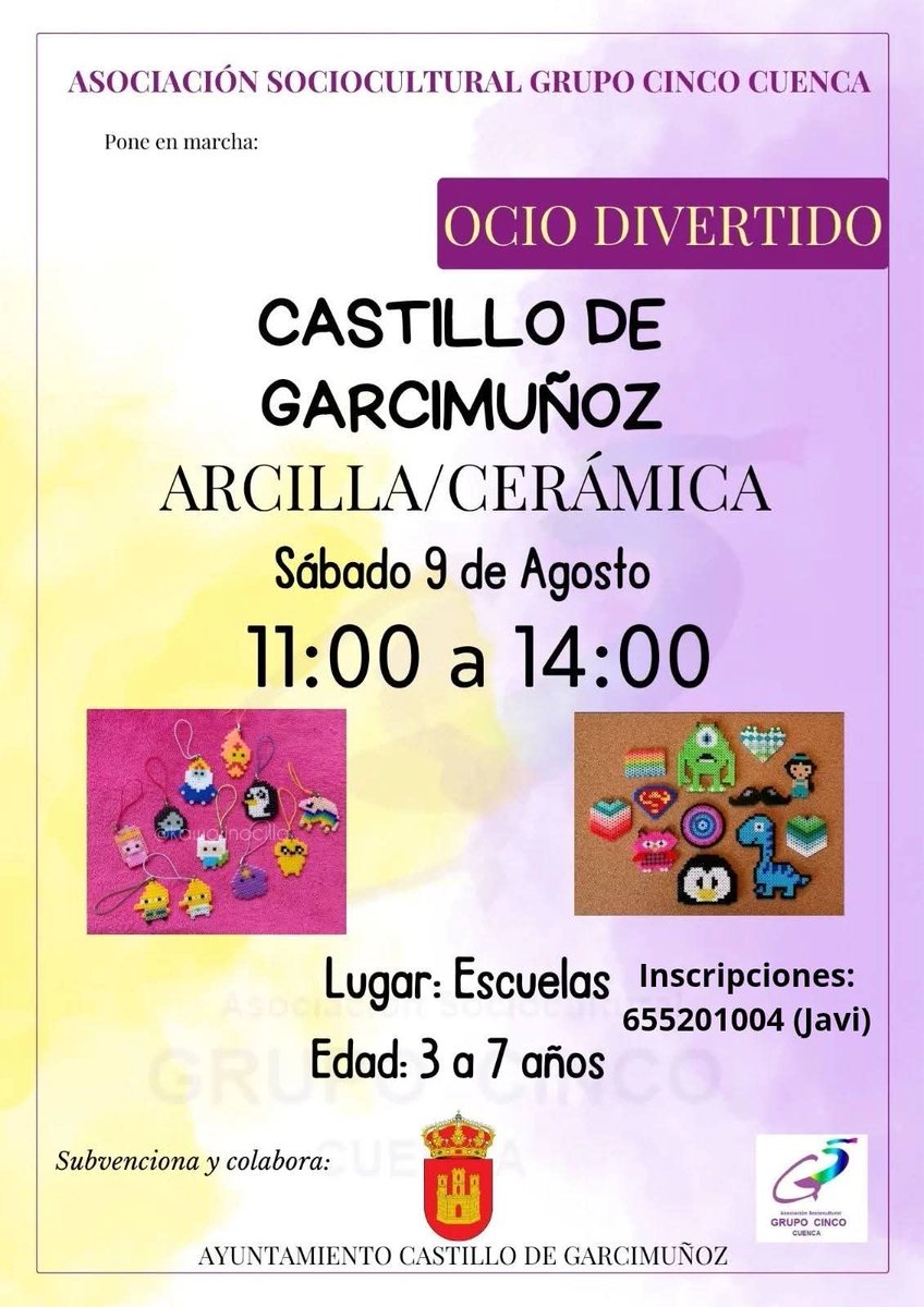 castillogarcimu's tweet photo. Actividades para niños:
Viernes 8 a las 17 horas en las escuelas. Taller de Hama Beads. Edad 8 a 16 años.
Sábado 09 a las 11 horas en las escuelas. Taller de arcilla y cerámica. Edad 3 a 7 años.
Inscripciones obligatoria. 
https://t.co/AuvpPjseZR https://t.co/P2u5g3EwFp