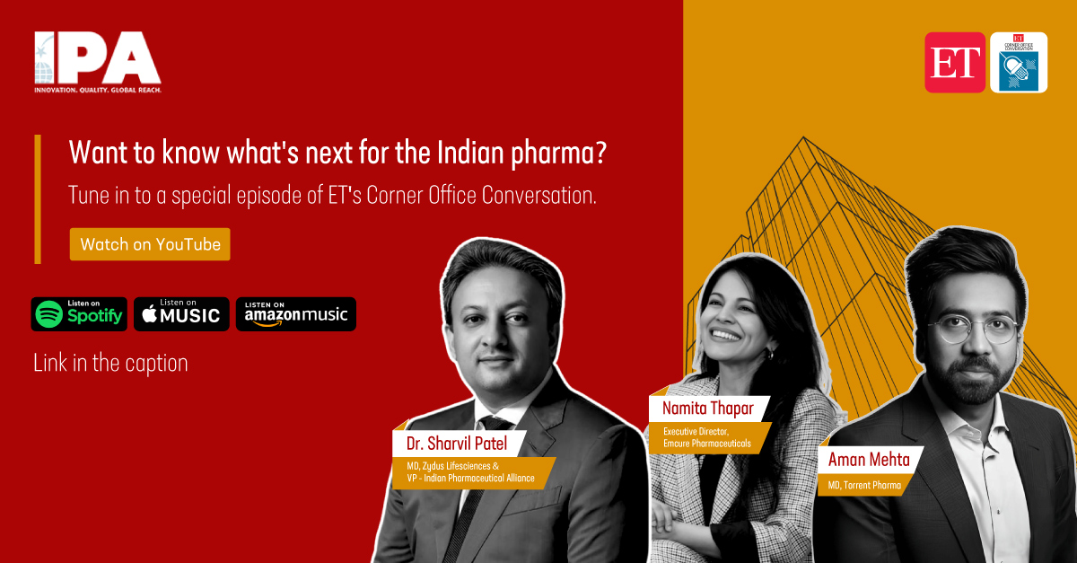 Watch Now - <a href="/EconomicTimes/">Economic Times</a>' #CornerOfficeConversation.

Tune into this unmissable conversation with Dr. Sharvil Patel (MD, <a href="/ZydusUniverse/">Zydus Lifesciences Ltd.</a> &amp; VP - Indian Pharmaceutical Alliance), Aman Mehta (MD, <a href="/TorrentPharmaIn/">Torrent Pharma</a>) and <a href="/namitathapar/">Namita</a> (Executive Director, <a href="/emcure/">bhaskar</a>), hosted by