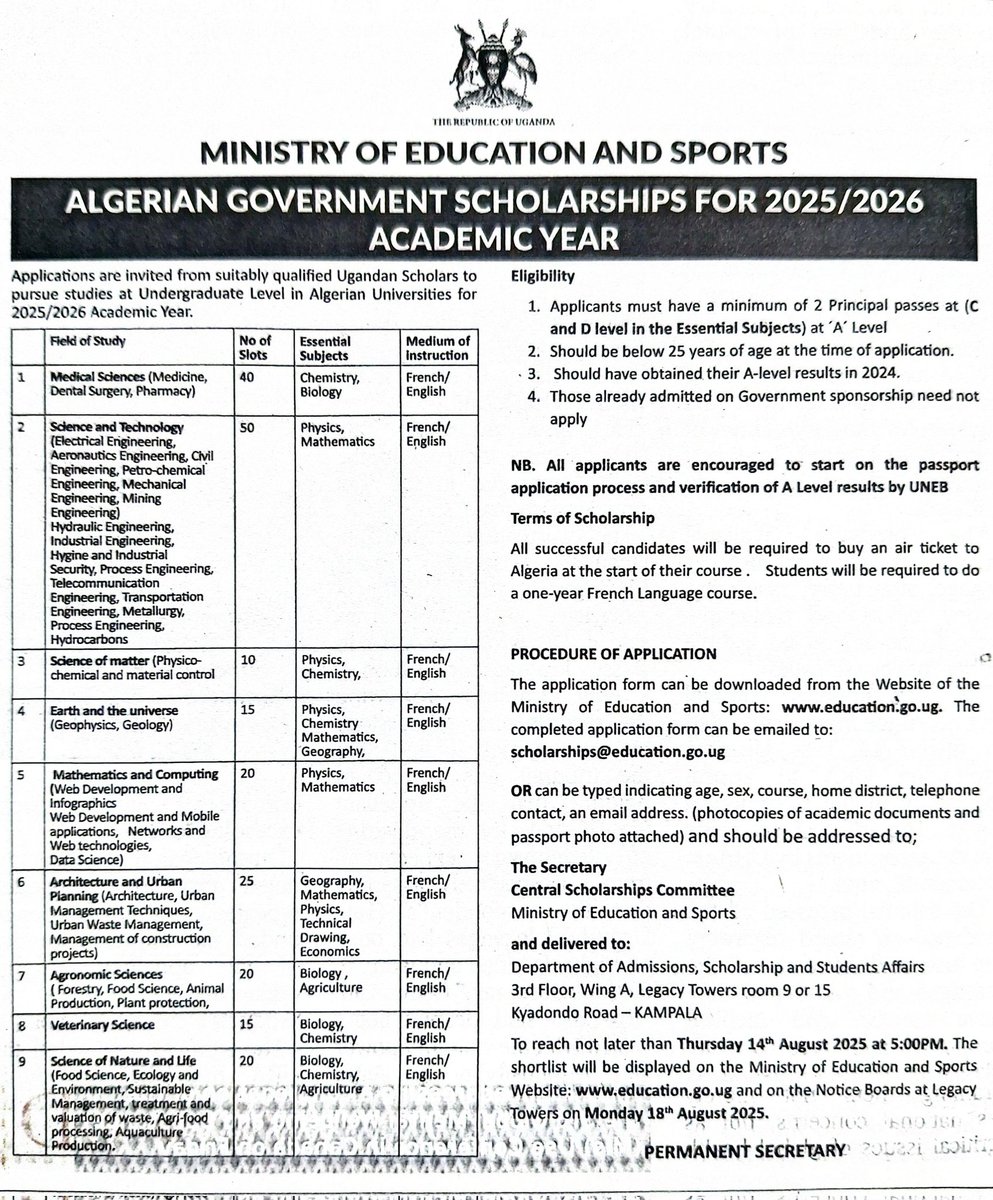 ALGERIA ALUMNI UGANDA π©πΏπΊπ¬ (@algeriaalumniug) on Twitter photo Over 200 #Algerian Government #scholarships are now available for Ugandan students, courtesy of <a href="/AlgeriainUganda/">Embassy of Algeria in Uganda</a>.
Apply through <a href="/Educ_SportsUg/">Ministry of Education and Sports - Uganda</a> by August 14th, 2025. π©πΏπ€πΊπ¬ Over 200 #Algerian Government #scholarships are now available for Ugandan students, courtesy of <a href="/AlgeriainUganda/">Embassy of Algeria in Uganda</a>.
Apply through <a href="/Educ_SportsUg/">Ministry of Education and Sports - Uganda</a> by August 14th, 2025. π©πΏπ€πΊπ¬