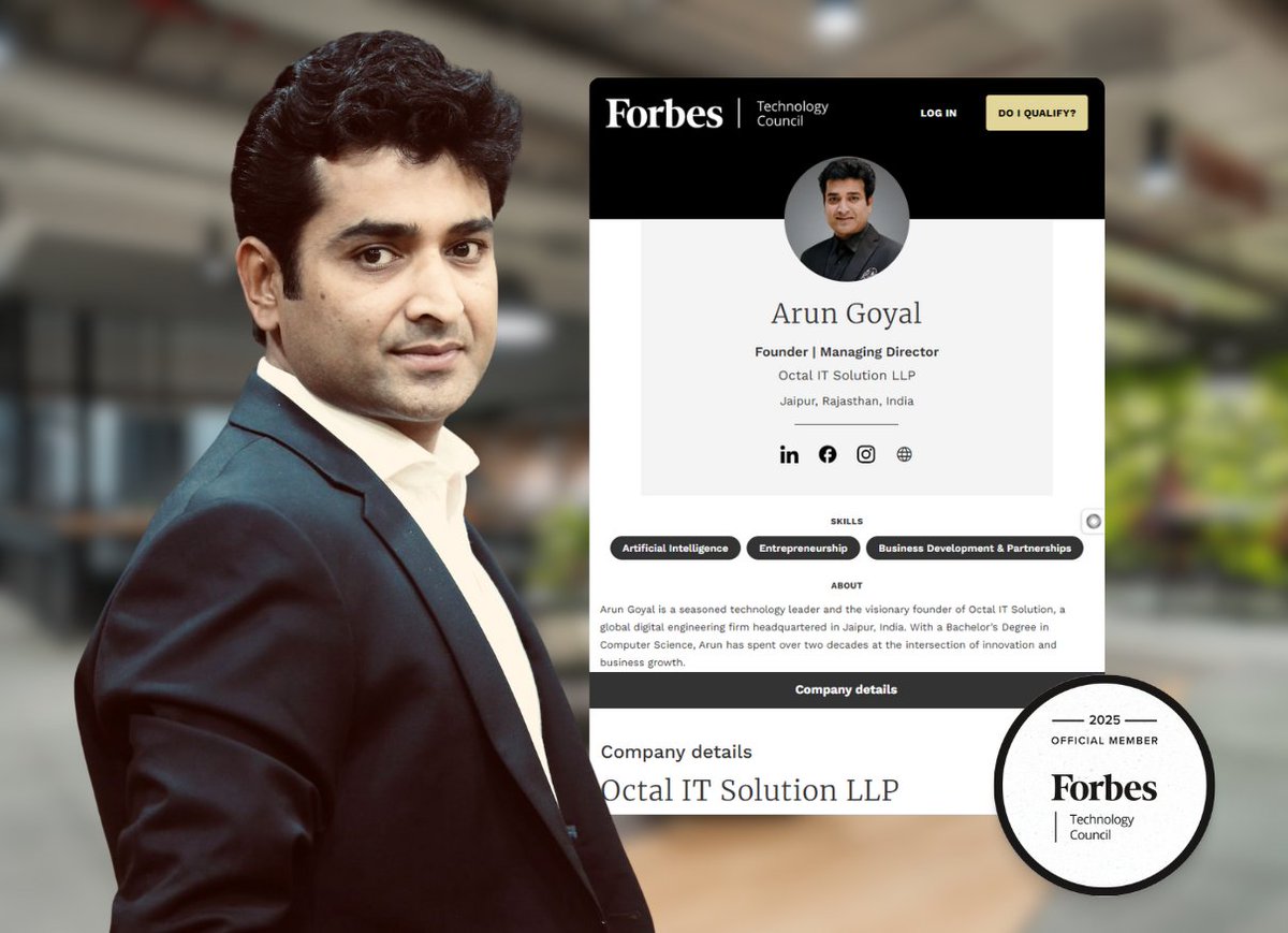 octalitsolution's tweet image. ✨ When Vision Meets Recognition
From building cutting-edge tech solutions to now being part of the Forbes Technology Council 2025, Arun Goyal, Founder &amp;amp; MD of Octal IT Solution LLP, continues to lead with purpose and innovation.

#ForbesTechnologyCouncil #ArunGoyal