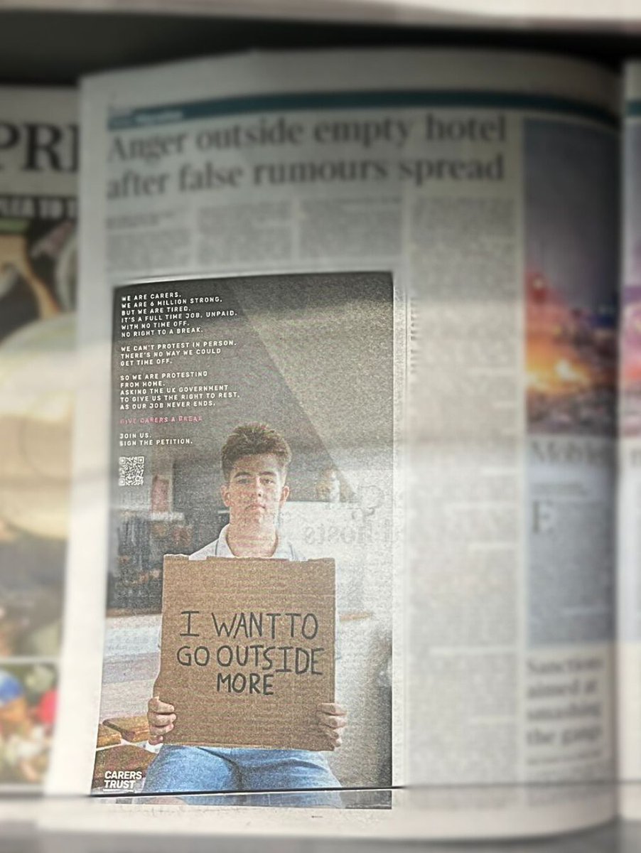 CarersTrust's tweet image. Did you see #ProtestFromHome was placed in The Times? 📰📣

We’re pushing the UK Government to give carers the legal right to a break. 

Sign the petition: carers.org/protest