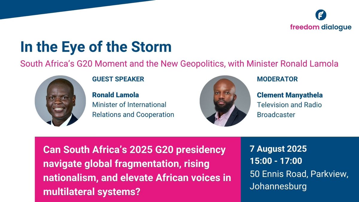 [FREEDOM DIALOGUE] This is happening on Thursday, 7th August 2025. <a href="/TheRealClementM/">Clement Manyathela</a> will be in conversation with <a href="/DIRCO_ZA/">DIRCO South Africa</a> minister <a href="/RonaldLamola/">Minister: International Relations and Cooperation</a> at <a href="/FNF_Africa/">Friedrich Naumann Foundation Africa</a> office in Parkview.
#FreedomDialogue