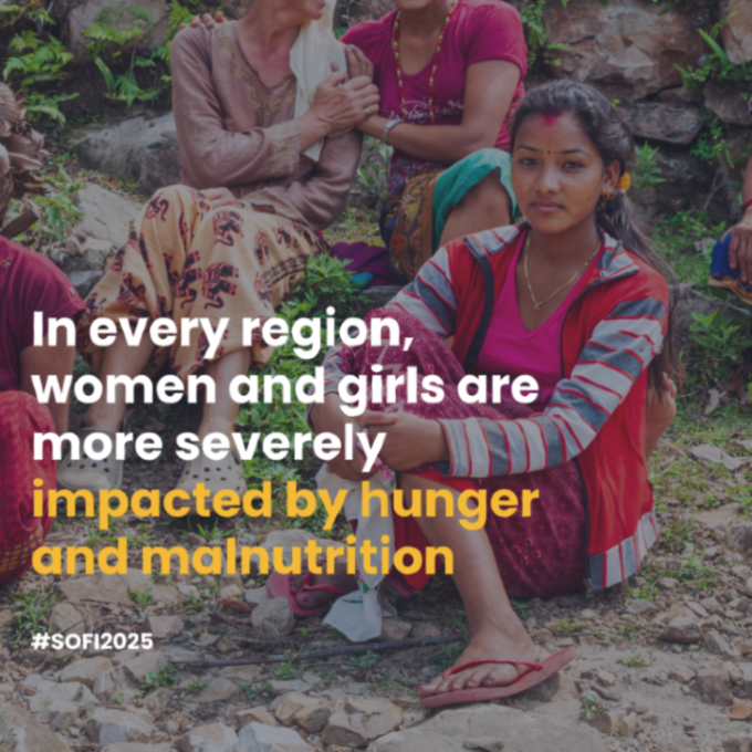 Hunger is unequal: in every region, women and girls are more impacted by hunger and malnutrition than men.

Gender sensitive policies and programmes must be scaled up and resourced.

Hunger is human-made and so are the solutions. The time to act is NOW.
#SOFI2025 #HungryforAction