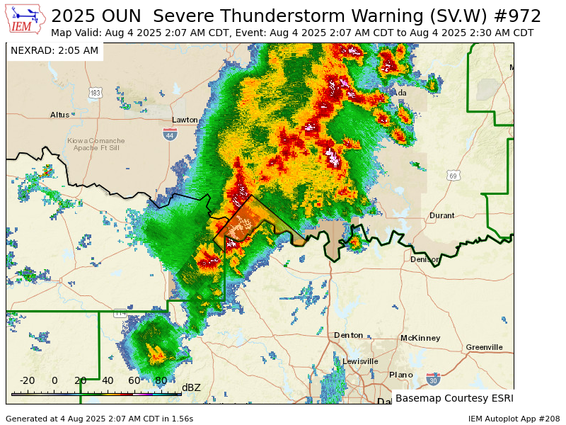 OUN issues Severe Thunderstorm Warning [wind: 60 MPH (RADAR INDICATED), hail: 0.75 IN (RADAR INDICATED)] for Jefferson, Love [OK] and Clay [TX] till 2:30 AM CDT mesonet.agron.iastate.edu/vtec/f/2025-O-…