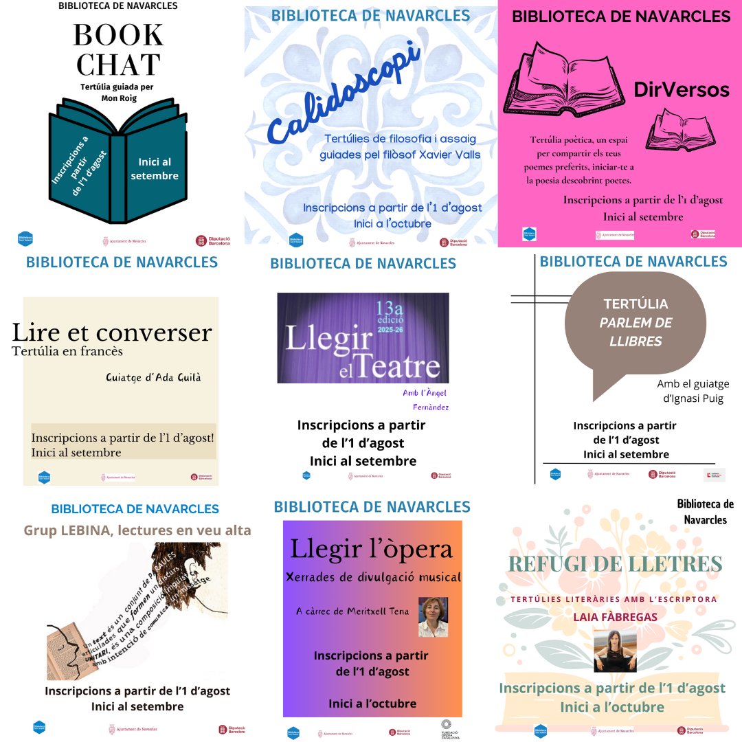 Biblioteca de Navarcles (@bnavarclessv) on Twitter photo Ja us podeu inscriure als clubs de lectura.
N'hi ha per triar i remenar!
➡️Refugi de lletres
➡️Parlem de llibres
➡️ Book Chat
➡️ Lire et converser
➡️ Calidoscopi
➡️ Llegir el Teatre
➡️ Llegir l'òpera
➡️ DirVersos
➡️ Lectures en veu alta
<a href="/ajnavarcles/">Ajuntament de Navarcles</a> <a href="/bibliotequesXBM/">BibliotequesXBM</a> #clublectura Ja us podeu inscriure als clubs de lectura.
N'hi ha per triar i remenar!
➡️Refugi de lletres
➡️Parlem de llibres
➡️ Book Chat
➡️ Lire et converser
➡️ Calidoscopi
➡️ Llegir el Teatre
➡️ Llegir l'òpera
➡️ DirVersos
➡️ Lectures en veu alta
<a href="/ajnavarcles/">Ajuntament de Navarcles</a> <a href="/bibliotequesXBM/">BibliotequesXBM</a> #clublectura