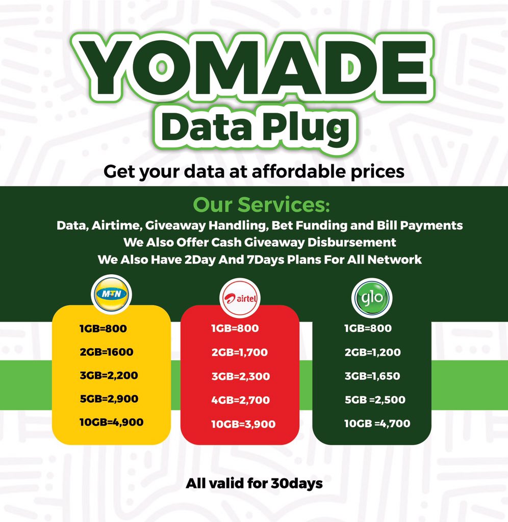 We are up and ready for business today

Hello 👋 
I’m Yomade 

I’m a data vendor and I can also help you disburse cash and bet funding 

Please your patronage will be appreciated this week 

Kindly help rt my customers might be on your timeline 🙏

Thank you and God bless you 🙏