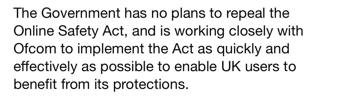 OnlineSafetyAct's tweet image. As the petition to repeal the Online Safety Act 2023 has exceeded 485,000 signatures, last week the Government responded confirming it had no intention of changing course petition.parliament.uk/petitions/7229… #OnlineSafety #OnlineHarms #eSafety #OnlineSafetyAct2023 #OSA2023 #OSA23