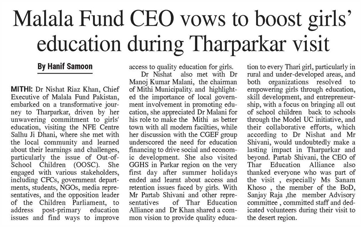 Hanif Samoon (@hanifsamoon1) on Twitter photo The CEO of <a href="/MalalaFund/">Malala Fund</a> <a href="/nishatriaz/">Nishat Riaz MBE</a> during her visit to #Thar met with stakeholders and highly lauded officials of <a href="/TharEduAlliance/">Thar Education Alliance</a> For the brilliant efforts to promote education among Thari girls. <a href="/ZiauddinY/">Ziauddin Yousafzai</a> <a href="/Malala/">Malala Yousafzai</a> <a href="/PartabShiwani/">Partab Shivani</a>. I report for <a href="/MinuteMirrorpk/">Business Mirror</a> The CEO of <a href="/MalalaFund/">Malala Fund</a> <a href="/nishatriaz/">Nishat Riaz MBE</a> during her visit to #Thar met with stakeholders and highly lauded officials of <a href="/TharEduAlliance/">Thar Education Alliance</a> For the brilliant efforts to promote education among Thari girls. <a href="/ZiauddinY/">Ziauddin Yousafzai</a> <a href="/Malala/">Malala Yousafzai</a> <a href="/PartabShiwani/">Partab Shivani</a>. I report for <a href="/MinuteMirrorpk/">Business Mirror</a>